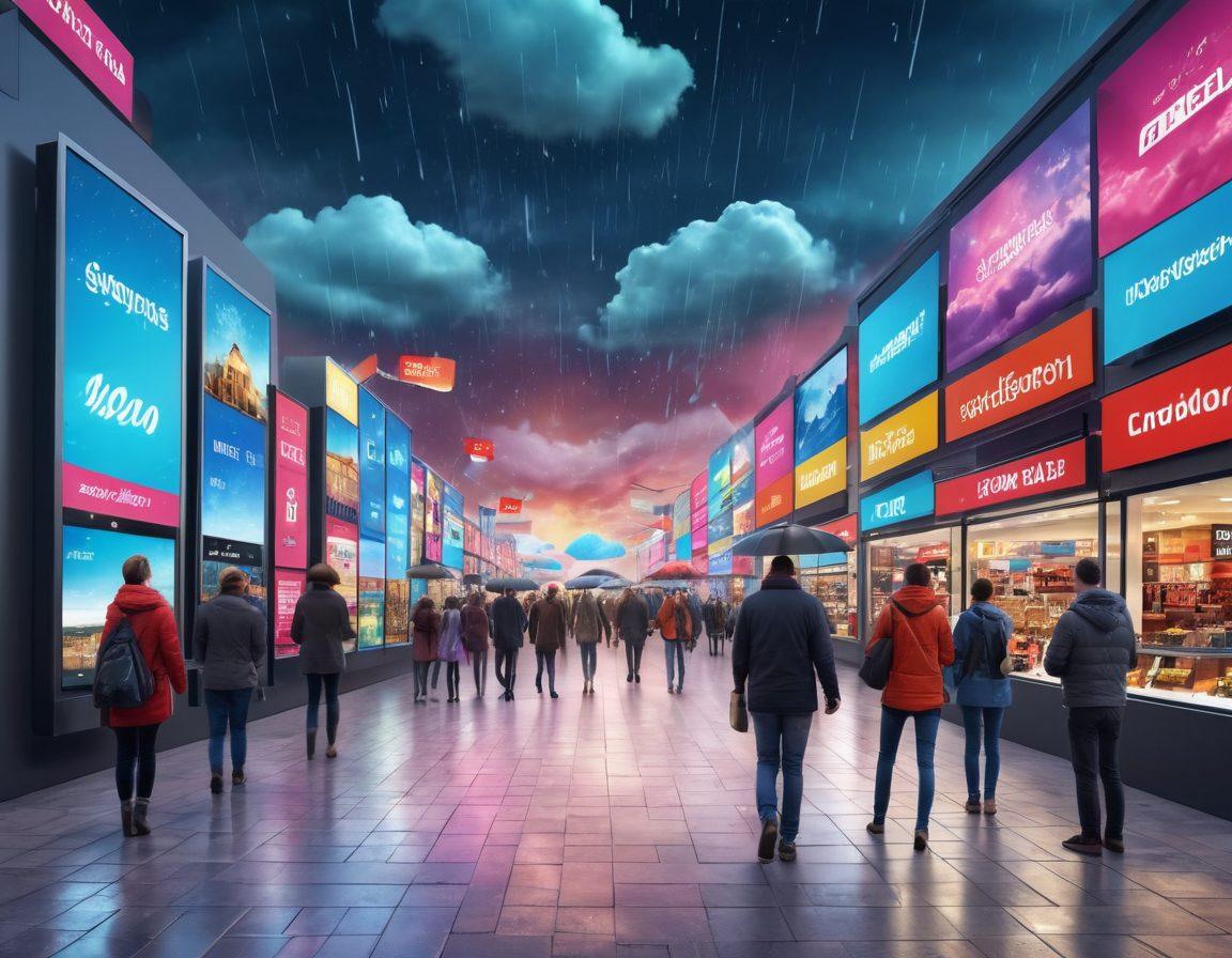 A modern digital marketplace bustling with vibrant banners showcasing various special offers and promotions. A diverse group of excited shoppers exploring their devices, while glowing screens display enticing discounts and deals. Overhead, a dynamic sky features digital clouds with animated prices raining down, symbolizing abundance in the digital age. The scene captures the thrill of uncovering the best deals with a lively, tech-savvy atmosphere. super-realistic. vibrant colors. 3D.