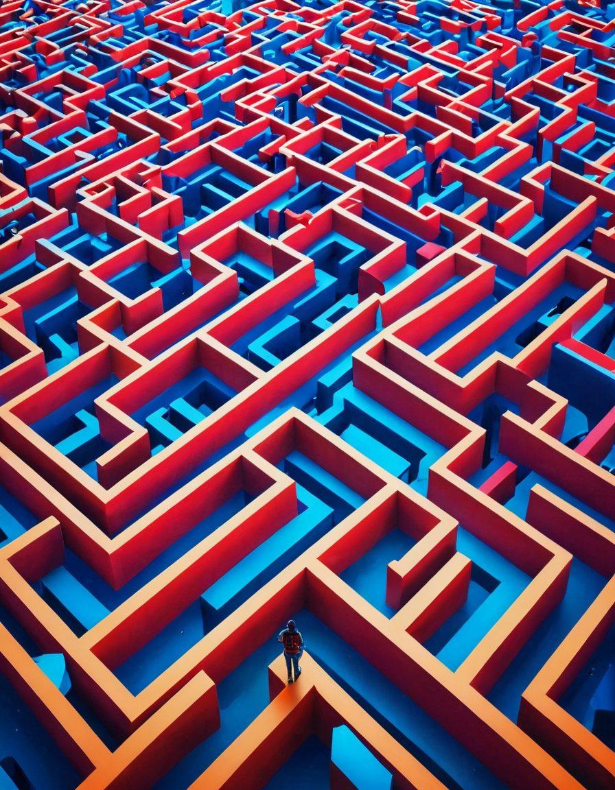 A whimsical maze made of digital elements, featuring vibrant discount tags and price tags scattered throughout the paths. A person, stylized in modern attire, is seen navigating through the maze with a smartphone in hand, showcasing excitement upon finding a great deal. Bright colors dominate the scene, creating a cheerful and inviting atmosphere, with abstract technology motifs in the background. digital art. vibrant colors. 3D.