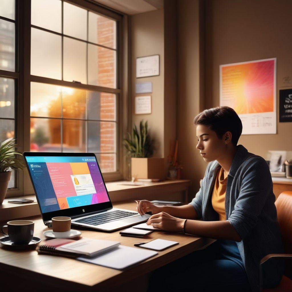 A stylish person sitting at a desk covered with a laptop, notepads, and coffee, deep in thought while engaging in online negotiation. The screen shows colorful pop-ups of special offers and discounts. In the background, there are digital elements representing the internet age like icons of social media and shopping carts. Light streaming through a window symbolizes opportunity. vibrant colors. modern digital art.